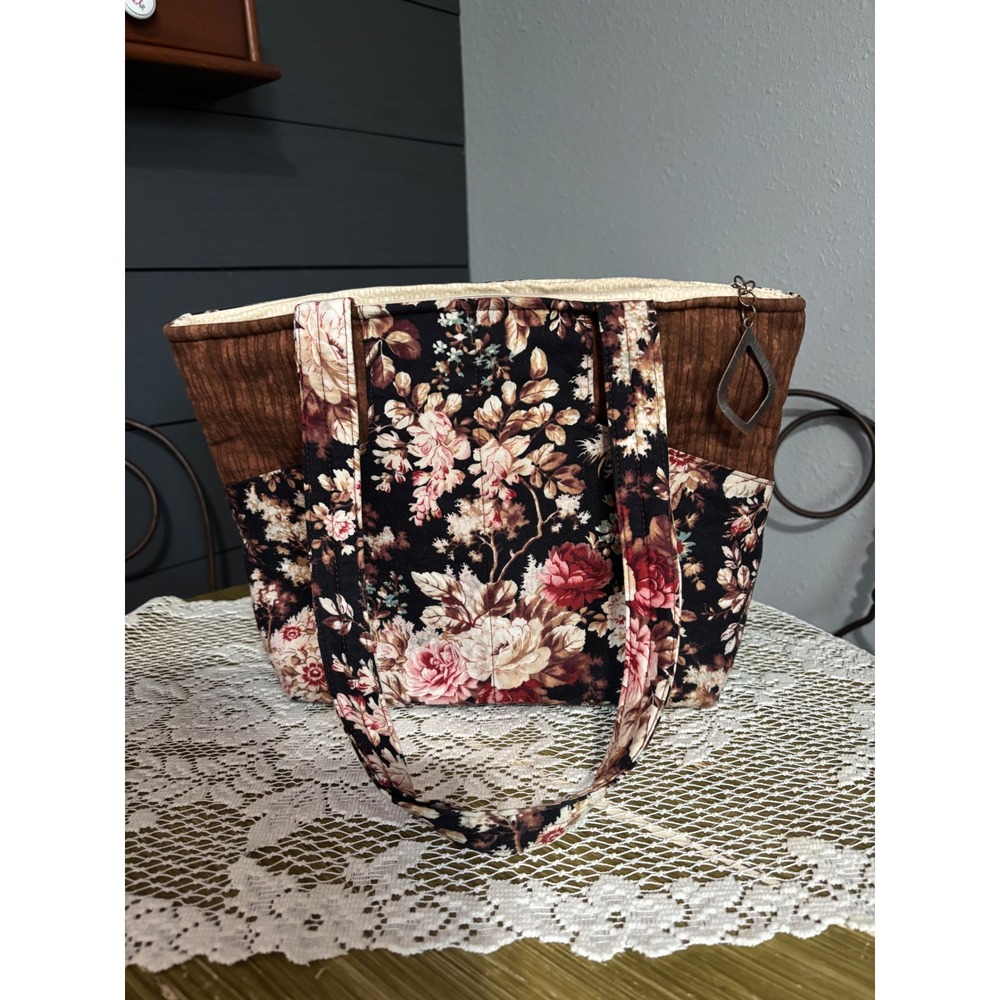 Handmade Quilted Floral Cotton Tote Bag Brown Pink Rose Cottagecore Shoulder Bag